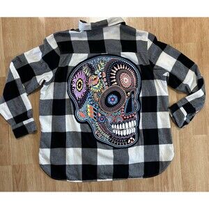 Upcycled Sugar Skull Flannel Button Up Flannel Shirt Women’s Size XL Boho